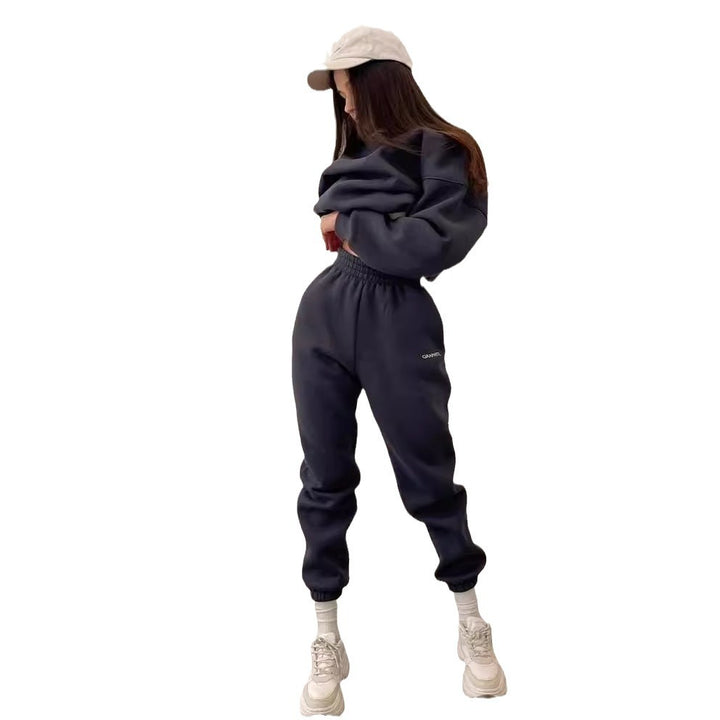 Damen nan Oversized kurz geschnittenes Sweatshirt mit High Waist Fleece Jogginghose Set Drune