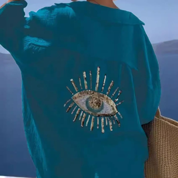 Damen lässige Bluse mit einzigartigem Augenmotiv und gestickten Akzenten Drune
