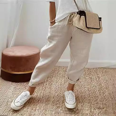 Damen nan legerer Leinen-Jogger mit Kordelzug, Eingrifftaschen und umgeschlagenem Saum Drune