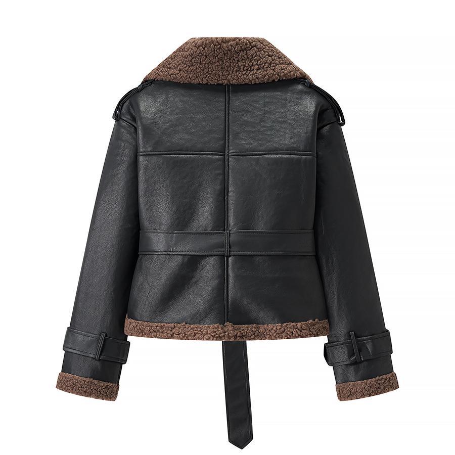 Damen Kunstlederjacke mit Teddy-Futter und taillierbarem Gürtel Drune