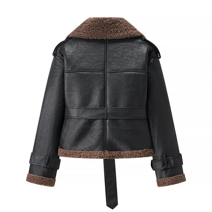 Damen Kunstlederjacke mit Teddy-Futter und taillierbarem Gürtel Drune