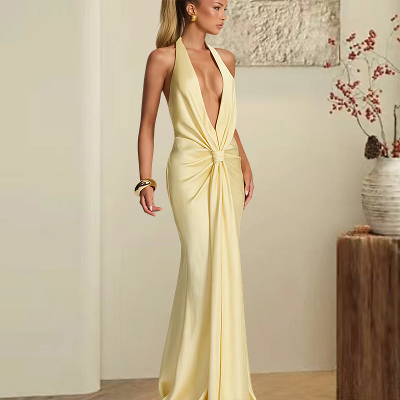Damen Elegantes Maxi-Kleid mit tiefem V-Ausschnitt und verführerischem Wickeldetail Drune