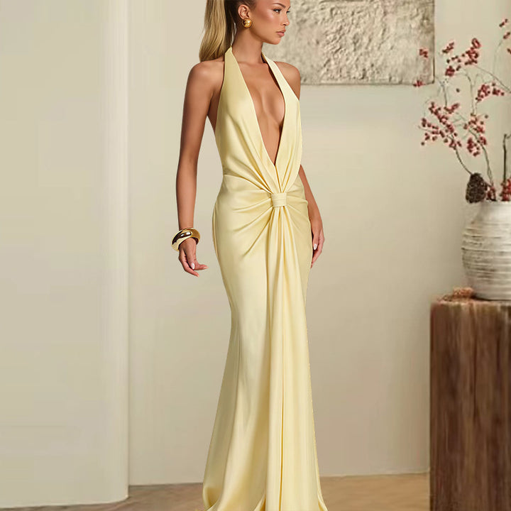 Damen Elegantes Maxi-Kleid mit tiefem V-Ausschnitt und verführerischem Wickeldetail Drune
