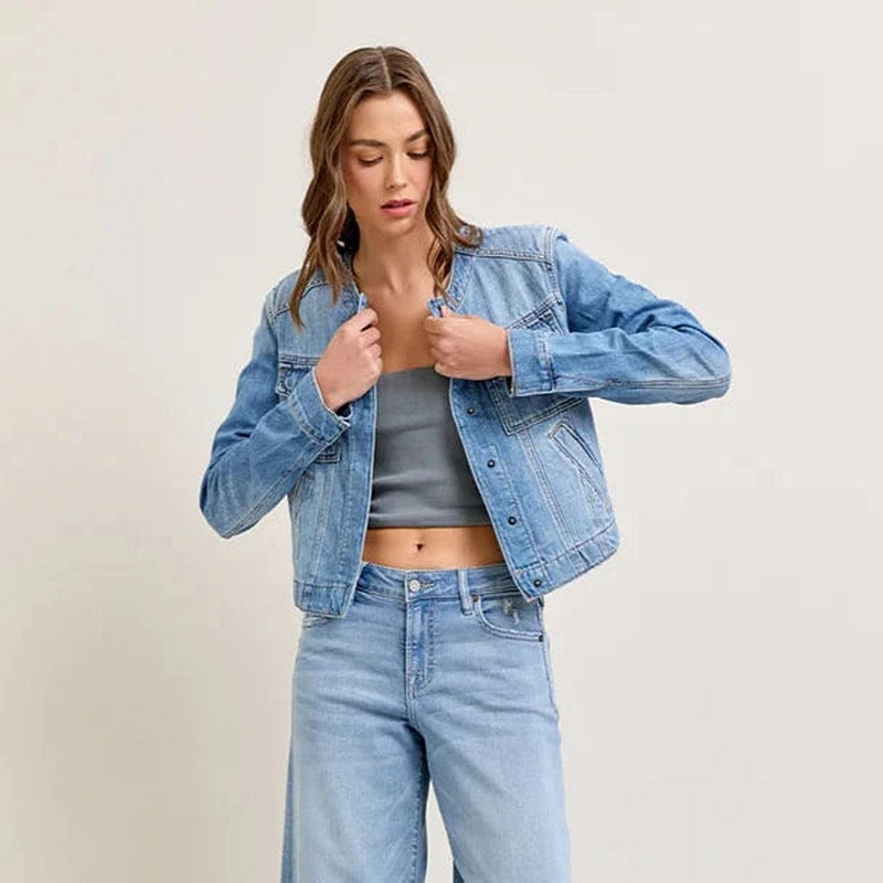 Damen Jeansjacke im lässigen Cropped-Schnitt mit praktischen Taschen und Knopfdetails Drune