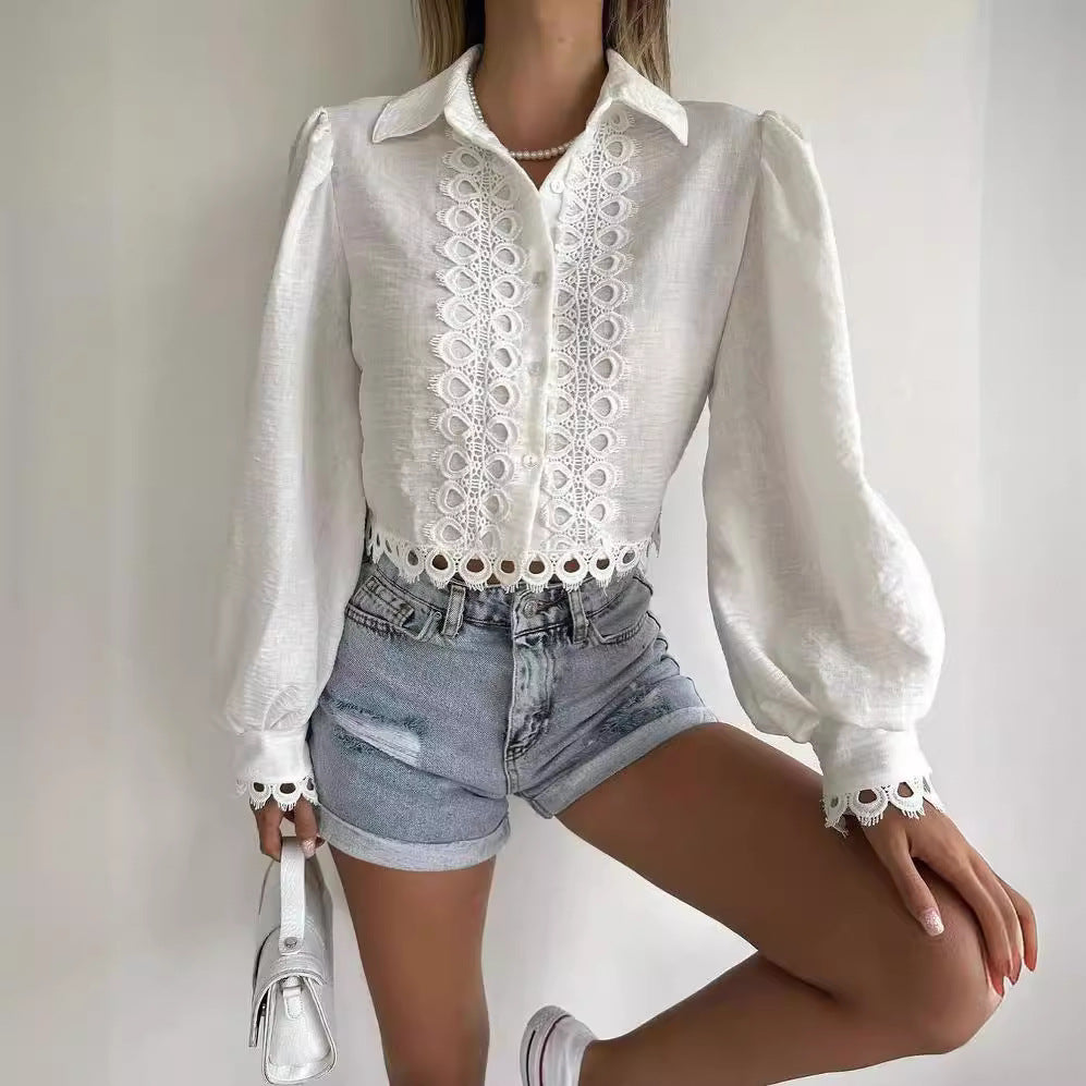 Damen Elegante Bluse mit raffiniertem Stickmuster und Ballonärmel Drune