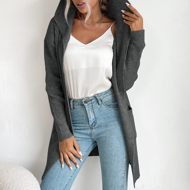 Damen lässiger Strickcardigan mit hohem Kragen und offenen Front Drune