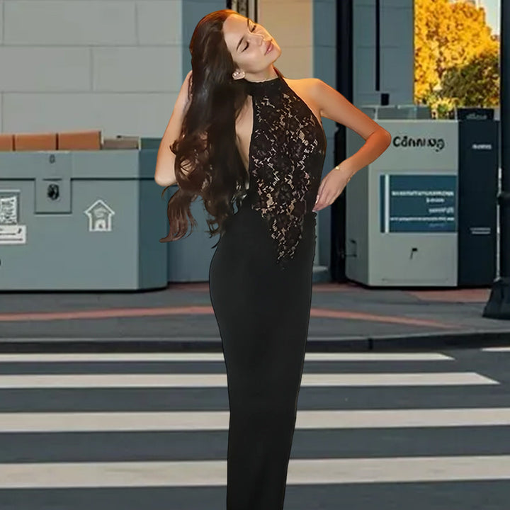 Damen Elegantes Spitzen-Maxikleid mit tiefem V-Ausschnitt und figurbetontem Schnitt Drune