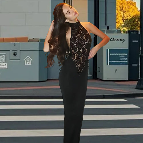 Damen Elegantes Spitzen-Maxikleid mit tiefem V-Ausschnitt und figurbetontem Schnitt Drune
