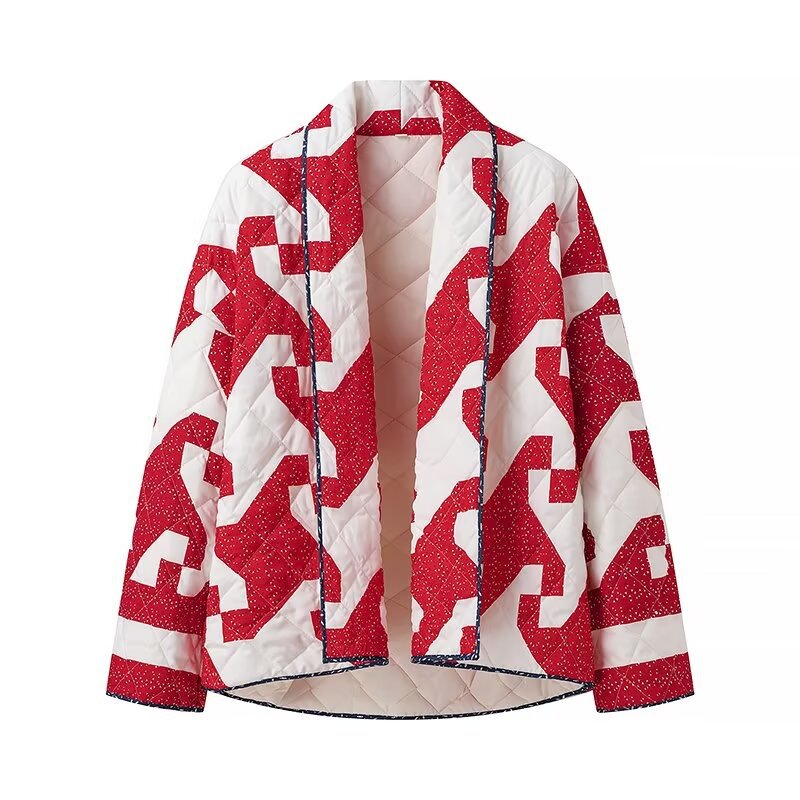 Damen gesteppte Jacke mit modernem Geometrie-Muster und offenem Schnitt Drune