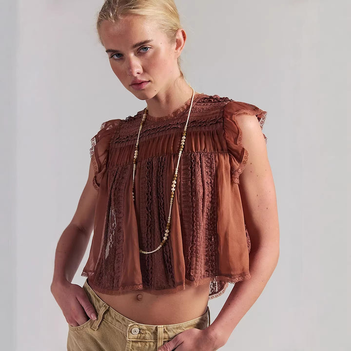 Damen Luftiges Spitzenoberteil mit Rüschendetails Drune