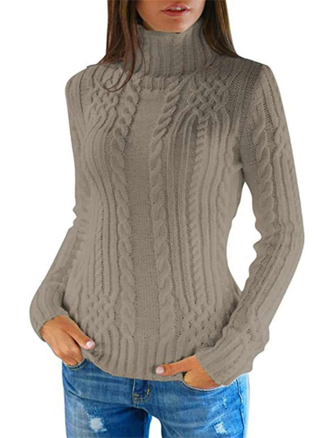 Damen Hochwertiger Strickpullover mit Stehkragen und Zopfmuster Drune