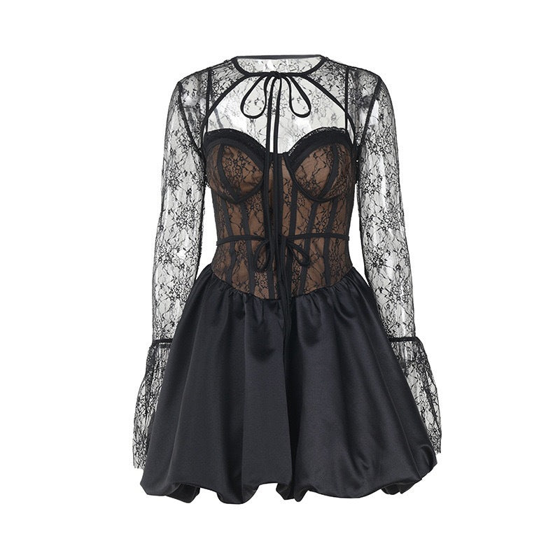 Damen Elegantes Spitzen-Minikleid mit schnürbarem Oberteil Drune