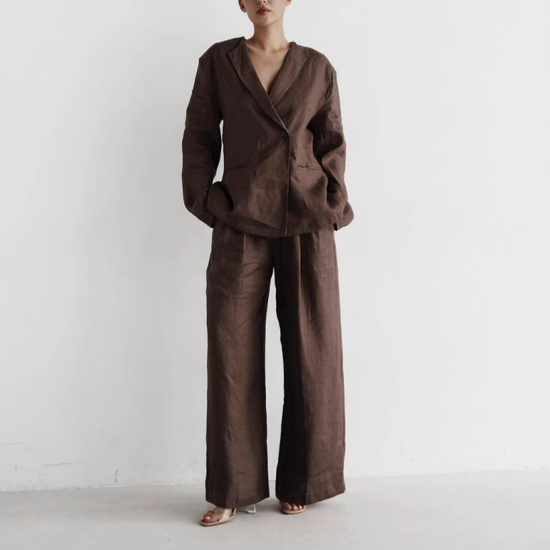 Damen elegantes Leinenanzug-Set mit langärmliger Jacke und weitem Schnitt Drune
