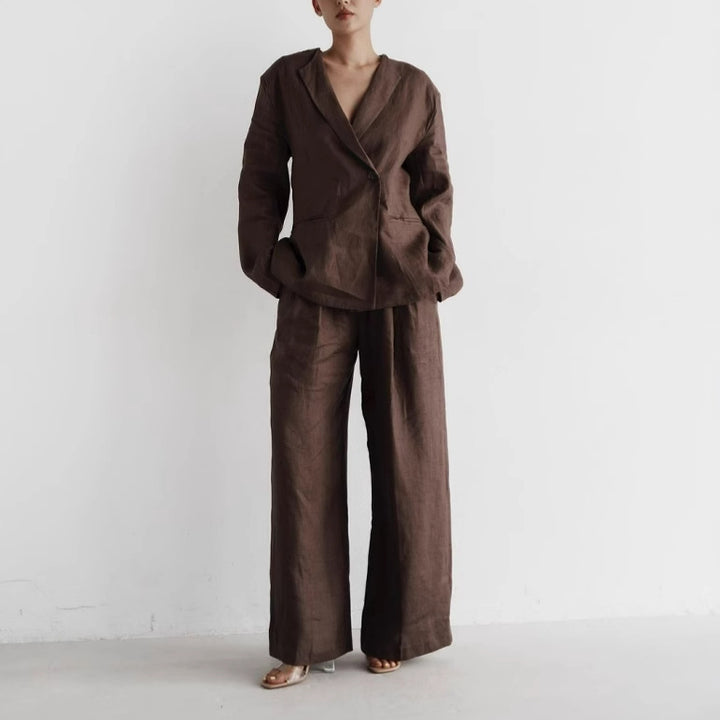 Damen elegantes Leinenanzug-Set mit langärmliger Jacke und weitem Schnitt Drune