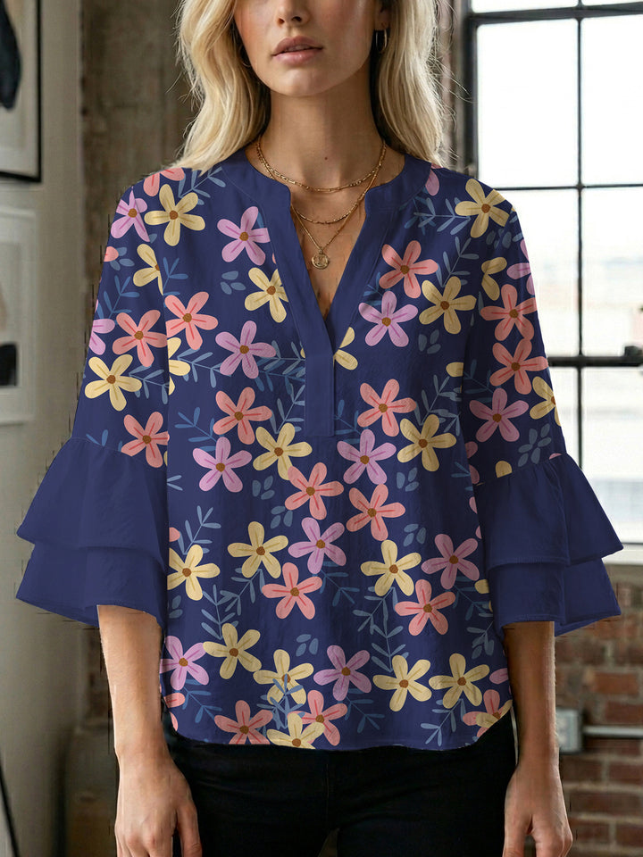 Damen Bluse mit voluminösen Flügelärmel und intensivem Blattmuster Drune