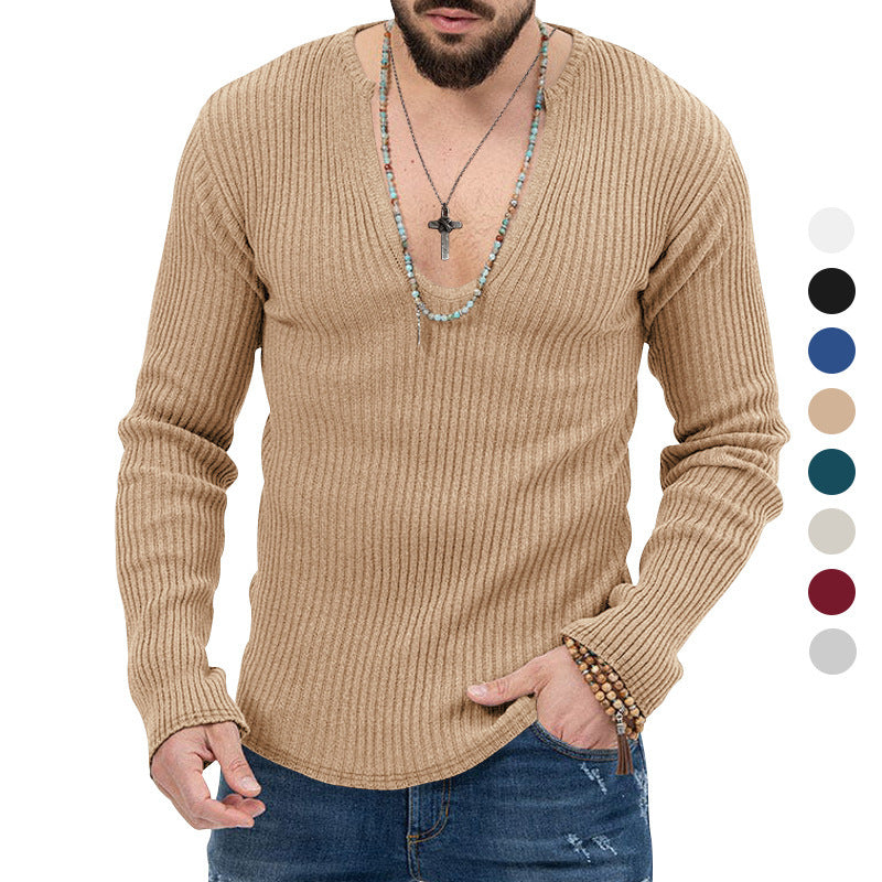 Herren elegantes Langarmshirt mit tiefem V-Ausschnitt und strukturiertem Gewebe Drune