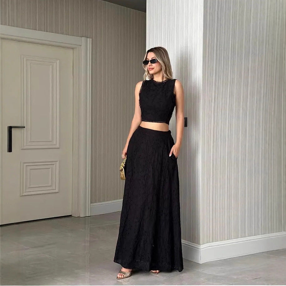 Damen Maxikleid mit filigranem Lochstickmuster und modischem Crop-Oberteil Drune