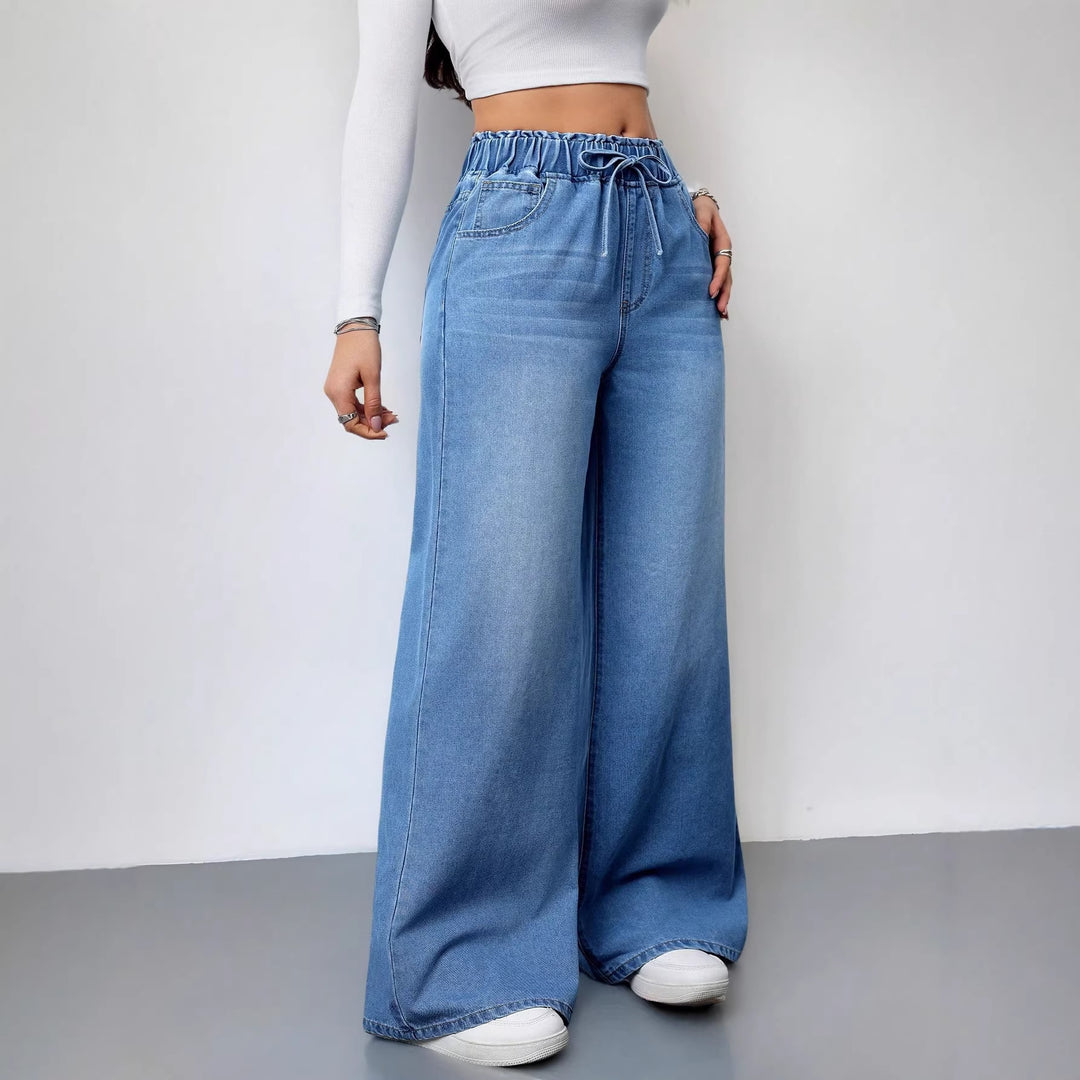 Damen Weit geschnittene Denim-Hose mit elastischem Bund und praktischen Taschen Drune