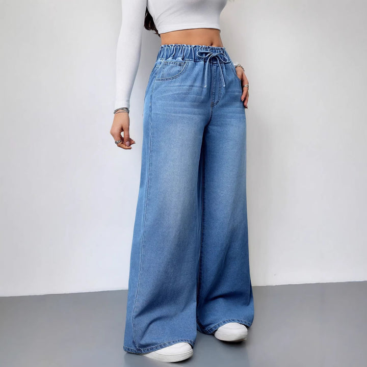 Damen Weit geschnittene Denim-Hose mit elastischem Bund und praktischen Taschen Drune