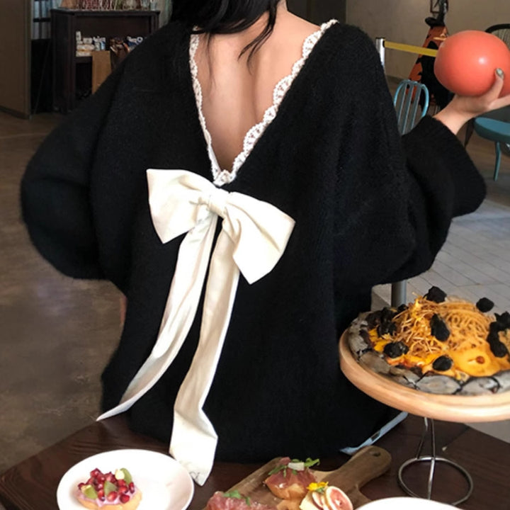 Damen Oversized Strickpullover mit V-Ausschnitt und zartem Spitzenrand Drune
