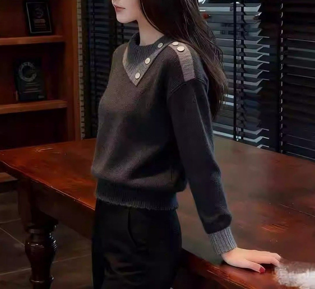 Damen Modischer Piqué Pullover mit Knopfdetails Drune