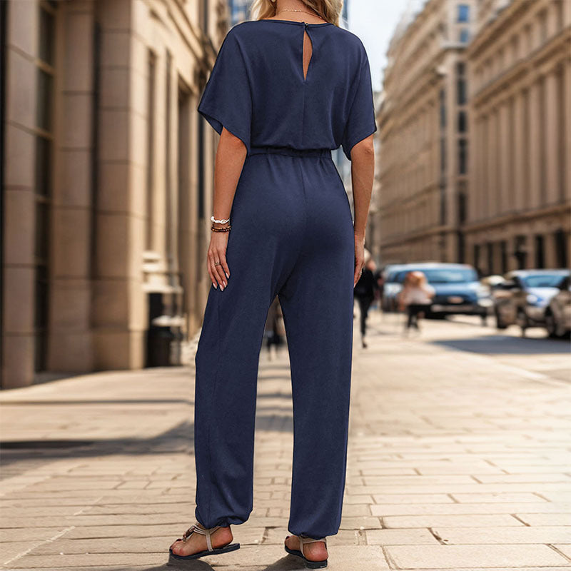 Damen eleganter Jumpsuit mit weitem Bein und komfortablem Taillengürtel Drune