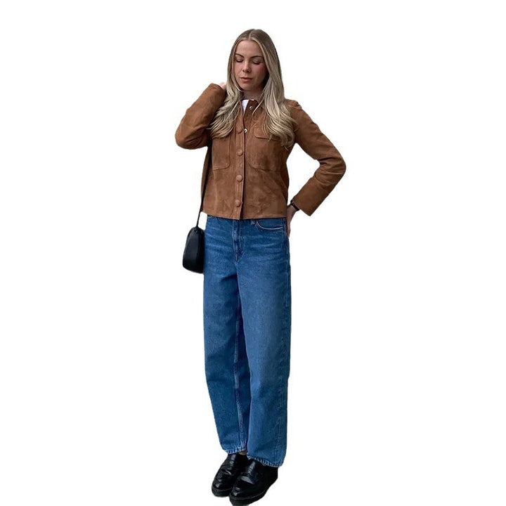 Damen klassische Wildlederjacke mit aufgesetzten Taschen und sportlichem Schnitt Drune