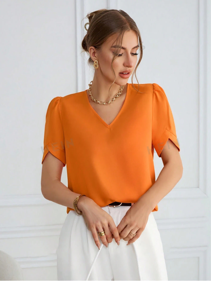 Damen V-Ausschnitt Bluse mit Puffärmeln Drune