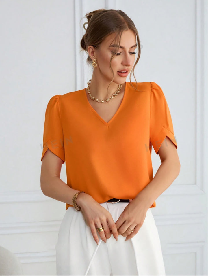 Damen V-Ausschnitt Bluse mit Puffärmeln Drune