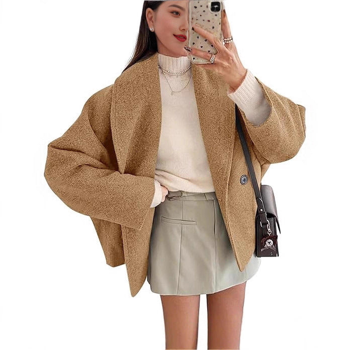 Damen nan oversized Teddyjacke mit großem Schalkragen und Ein-Knopf-Verschluss Drune