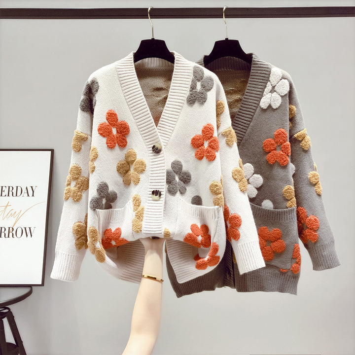 Damen kuschelige Strickjacke mit floralem Muster und offenen Vorderteilen Drune