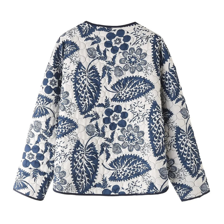 Damen gestepptes Blumenjacke mit innovativen Tasche und Rundhals Drune