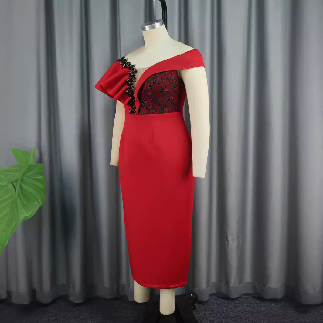 Damen elegantes Kleid mit asymmetrischem Schnitt und floralen Akzenten Drune