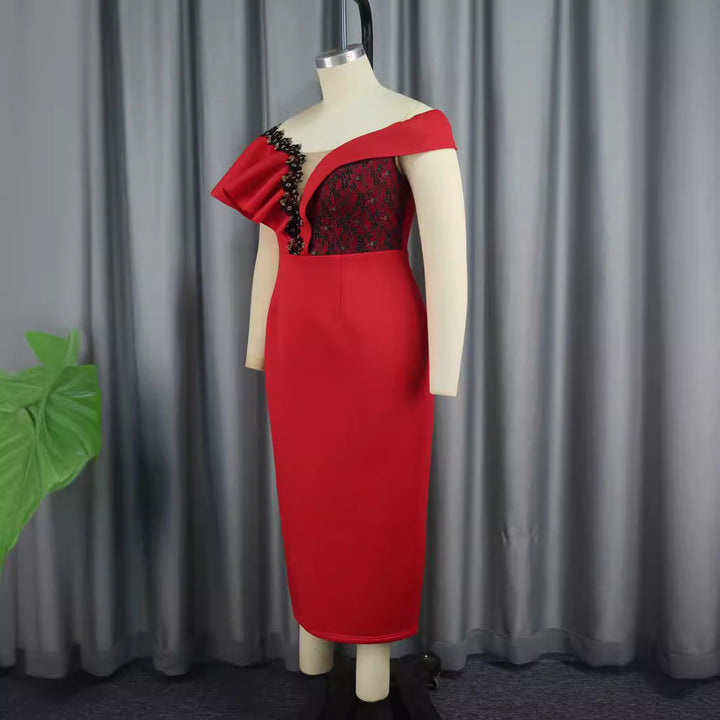 Damen elegantes Kleid mit asymmetrischem Schnitt und floralen Akzenten Drune
