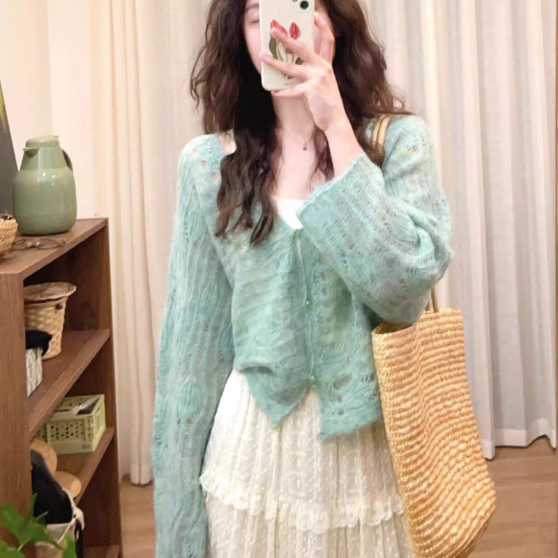 Damen luftiger Strickcardigan mit feiner Lochmusterstruktur und weitem Schnitt Drune