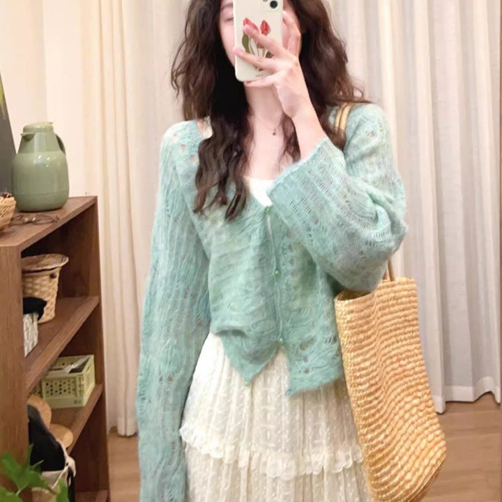 Damen luftiger Strickcardigan mit feiner Lochmusterstruktur und weitem Schnitt Drune