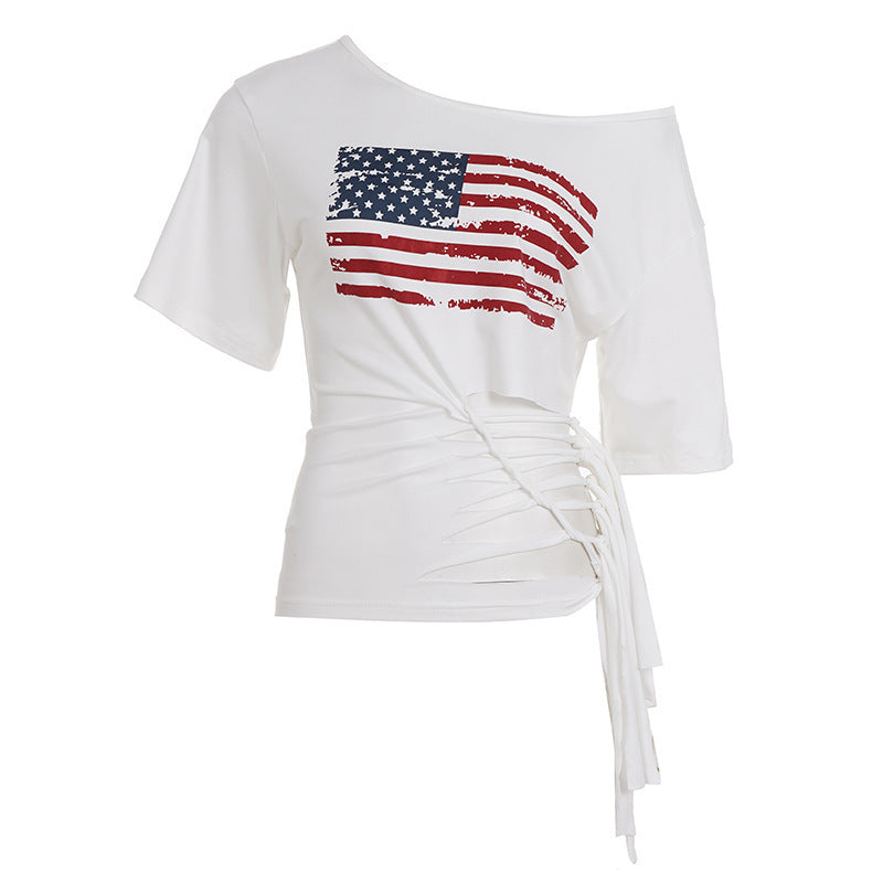 Damen Crop-Top mit Flaggenmotiv und raffinierten Fransen Drune