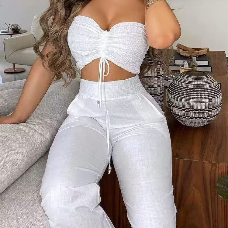 Damen Zweiteiliges Outfit aus leichtem Material mit verstellbarem Crop-Top und High-Waist-Hose Drune