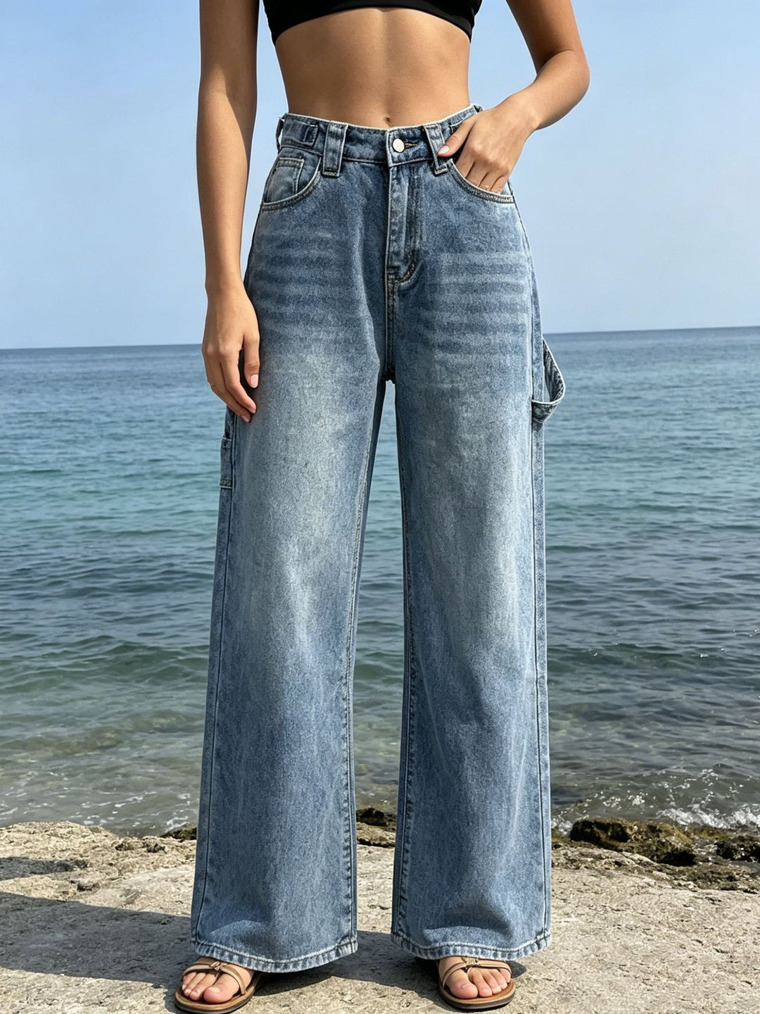 Damen nan weite High‑Waist Carpenter-Denimhose mit Utility-Seitentasche und ausgestelltem Bein Drune
