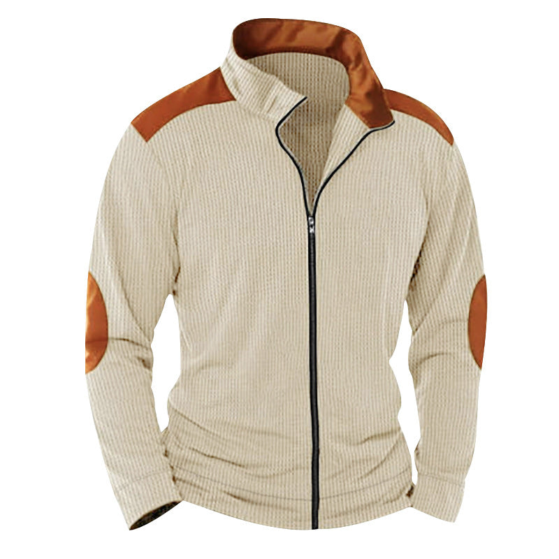 Herren nan strukturierte Strick‑Hybridjacke mit Stehkragen Kontrasteinsätzen und Ellbogenpatches Drune
