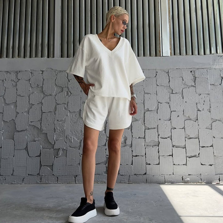 Damen lässiges V-Ausschnitt Oberteil und Shorts-Set Drune