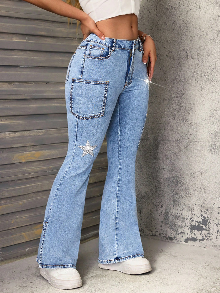 Damen Flared Jeans mit modischen Sternapplikationen und praktischen Taschen Drune