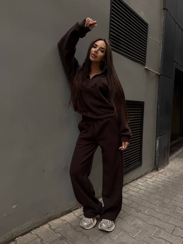 Damen Sportliches Fleece-Jogginganzug mit Stehkragen und Reißverschluss Drune