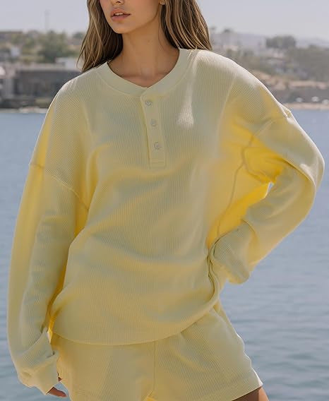 Damen lässiger Langarm-Hemdchen Pullover mit Knopfdetails Drune
