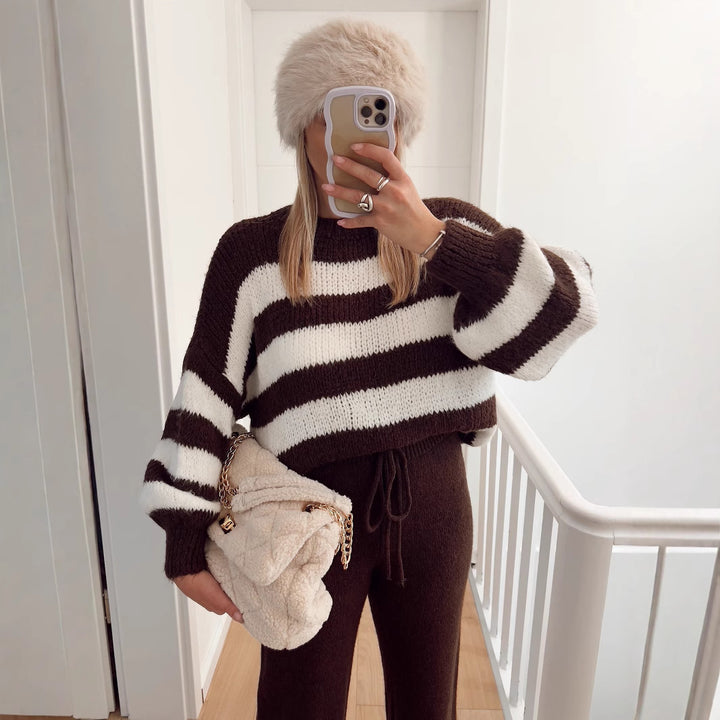 Damen modischer Cropped Pullover mit einzigartigem Streifenmuster und weit geschnittenen Ärmeln Drune