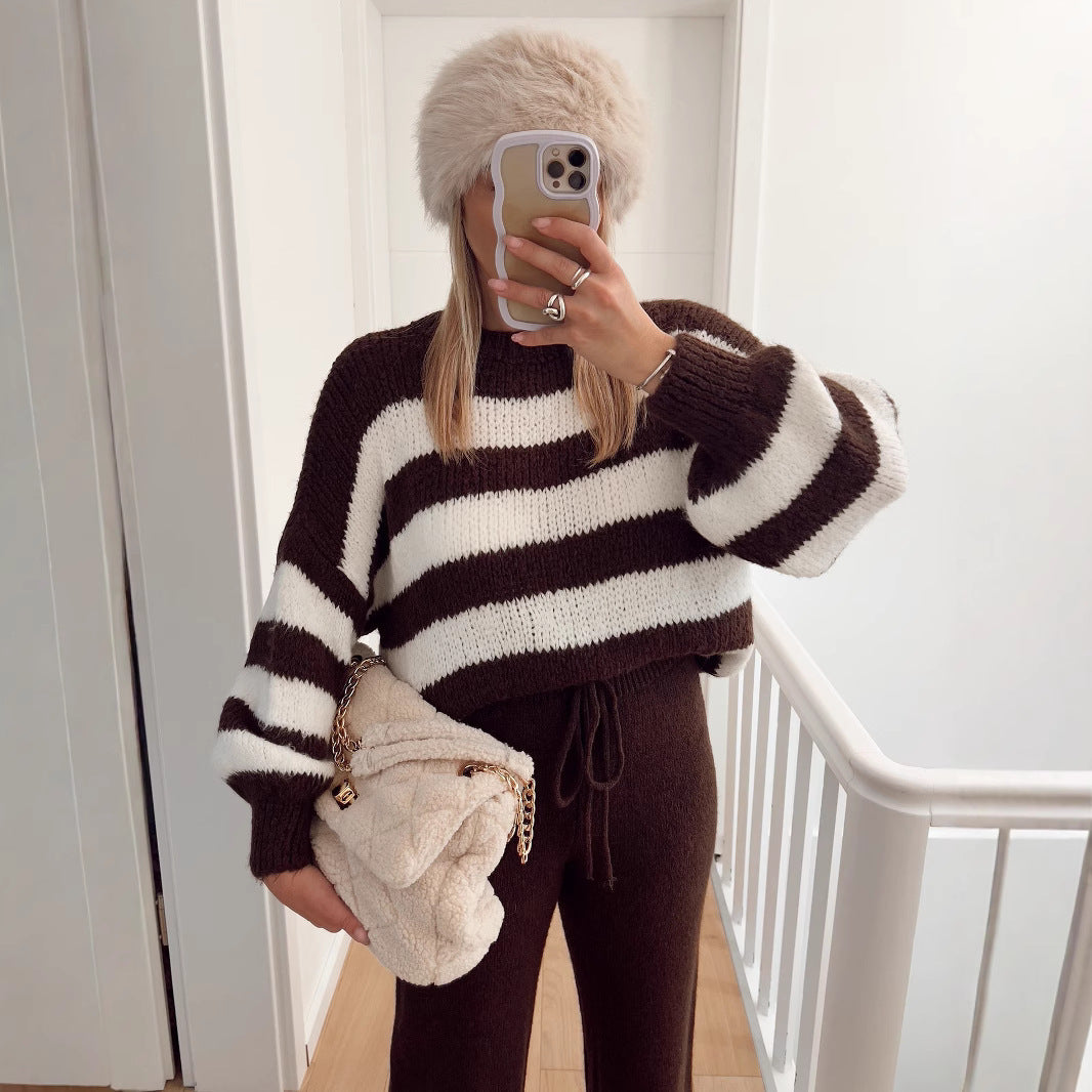 Damen Kuscheliger Cropped-Pullover mit breiten Streifen und hohem Kragen Drune