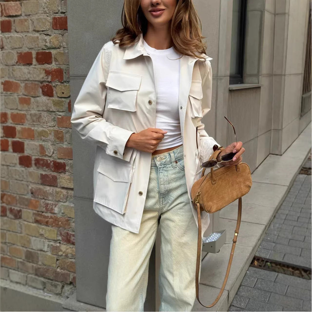 Damen modische Utility-Jacke mit verstellbarem Taillenzug und aufgesetzten Taschen Drune