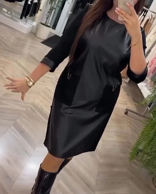 Damen Elegantes Lederkleid mit praktischen Reißverschlusstaschen Drune