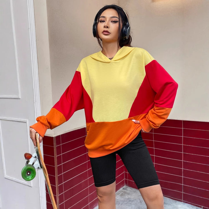 Damen lässiger Kapuzenpullover mit buntem Farbblockdesign Drune