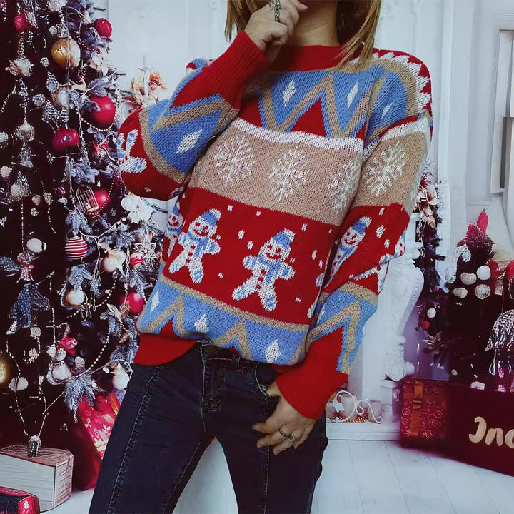 Damen Festlicher Strickpullover mit fröhlichem Weihnachtsmotiv und lässigem Schnitt Drune